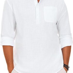Wayleb Uomo Camicia in Cotone Camicia Manica Corte Uomo Elegante Estiva Henley Shirt con Bottoni Casual Casual Hawaii Tinta Unita T-Shirt da Uomo