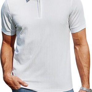 Wayleb Polo Shirt Uomo con Zip, Polo Estivo Maniche Corte in Tessuto Elasticizzato, Polo da Golf Casual Leggera Maglietta a Righe Polo Traspirante S-3XL