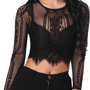 Wayleb Camicia Pizzo Elegante Donna - Maglietta Manica Corta, Maglia Trasparente, Top Sexy, Dirndl Bluse Lunga/Corte, Cerniera Posteriore, S-XXL