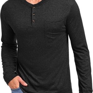 Wayleb Maglietta a Maniche Lunghe da Uomo in Cotone | Henley Maglia T-Shirt Casual con Bottoni Maglietta Casual vestibilità Regolare con Tasca sul Petto, per Ufficio e Tempo Libero S-3XL